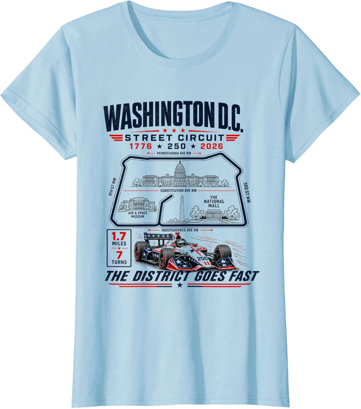 Washington DC Street Circuit Map 250 Mile Racing 2026 T-Shirt - Baby Blue