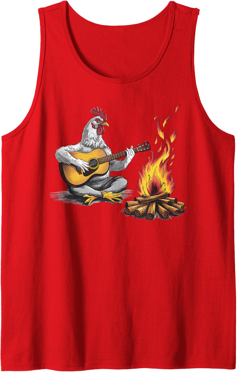 Funny Graphic Design Chicken Playing Guitar with Campfire Sleeveless Tank Top - Red