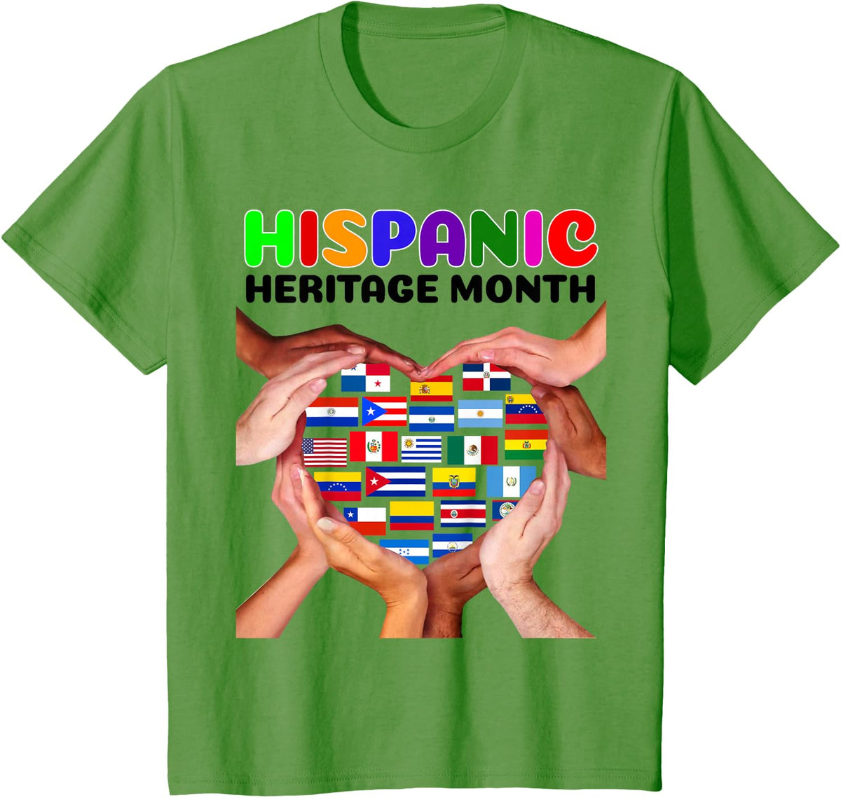 All Countries Heart Hands National Hispanic Heritage Month T-Shirt - Grass Green