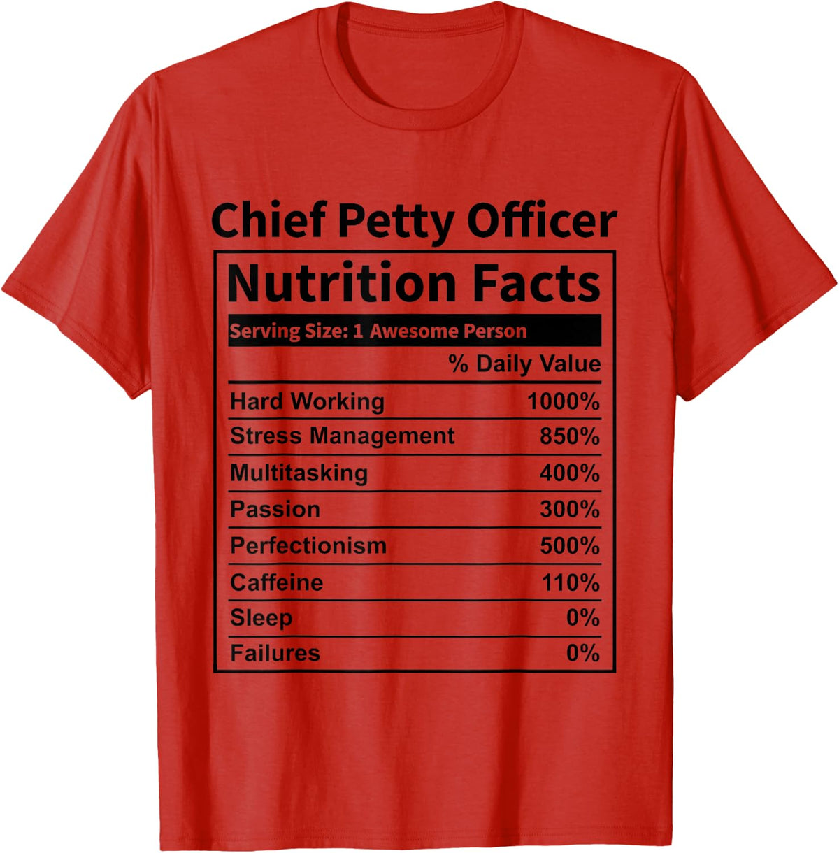 CPO Chief Petty Officer Nutrition Facts Funny for Men Women T-Shirt - Red