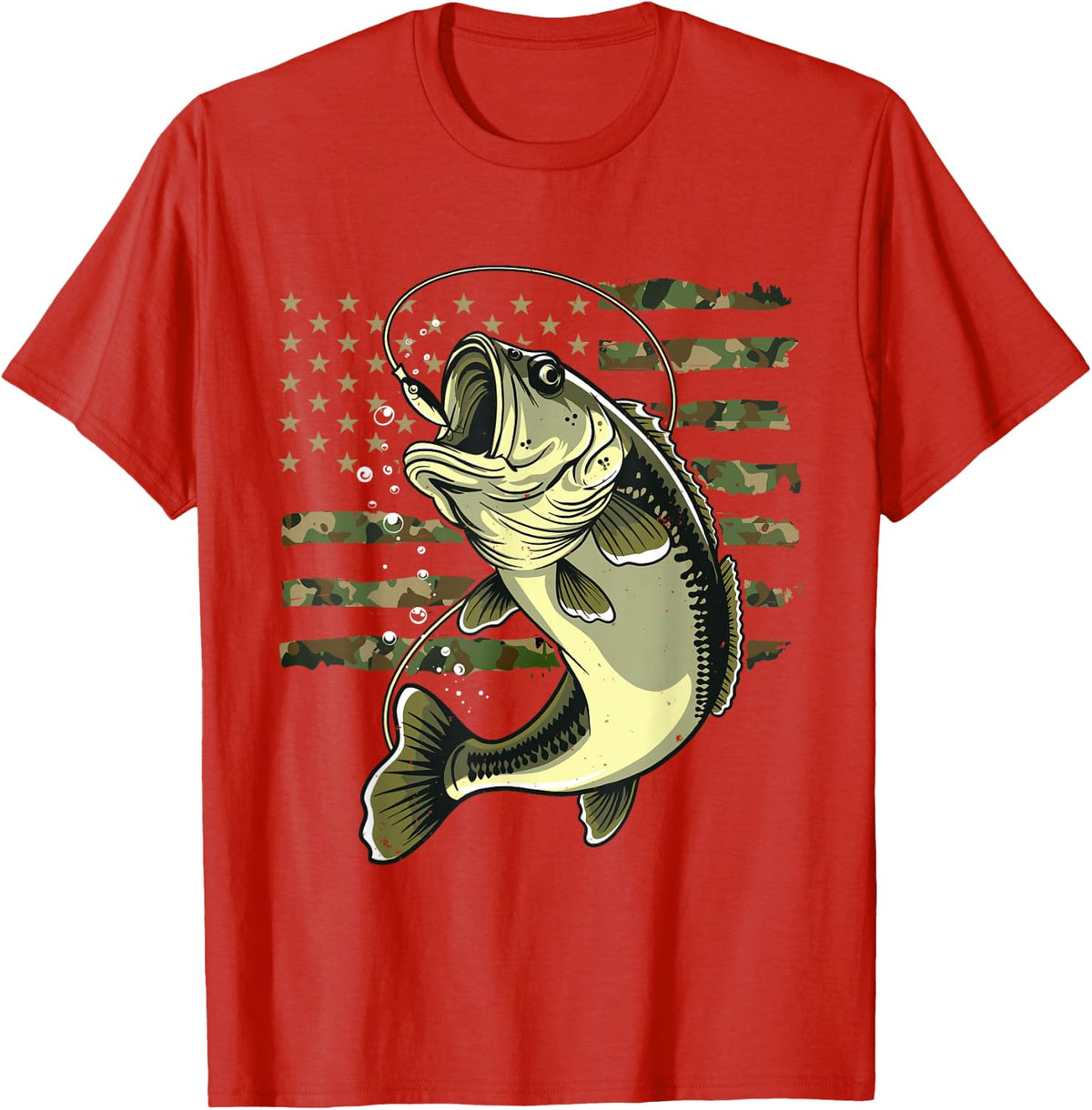 Bass Fish Fishing USA American Flag Camouflage Fisherman T-Shirt - Red
