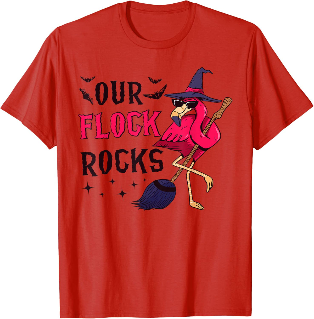 Our Flock Rocks Flamingo Halloween Funny Family Matching T-Shirt - Red