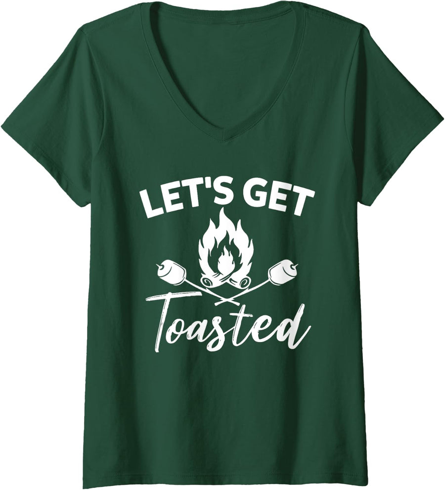 Let's Get Toasted Funny Camping Sarcastic Saying V-Neck T-Shirt - Dark Green