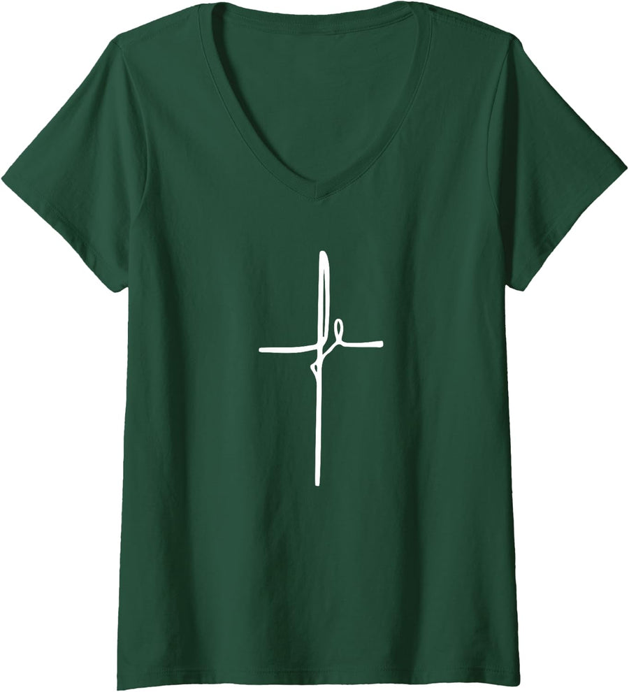 Womens Simple Faith Cross in Spanish - Fe V-Neck T-Shirt - Dark Green