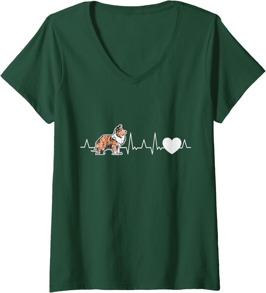 Womens Shetland Sheepdog Heartbeat Sheltie V-Neck T-Shirt - Dark Green