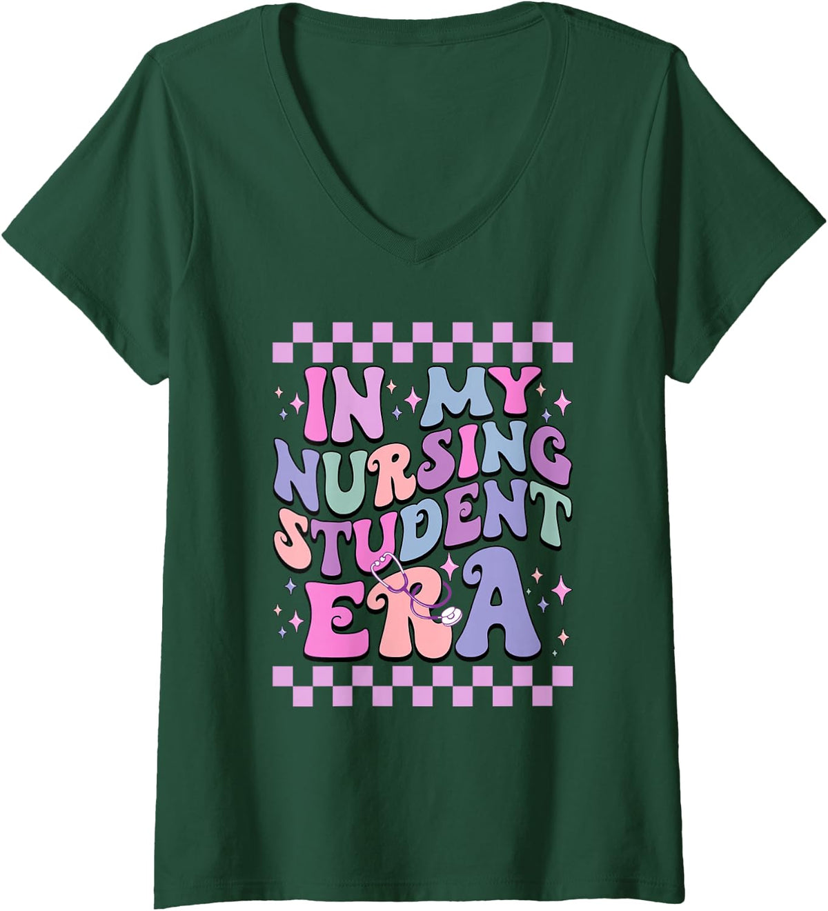 Women's in My Nursing Student Era Retro Groovy Nurse School V-Neck T-Shirt - Dark Green