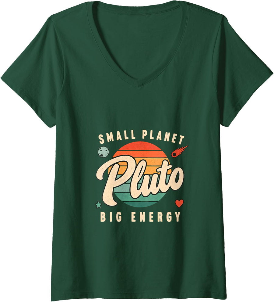 Women's Small Planet Big Pluto Energy Lonely Space Retro V-Neck T-Shirt - Dark Green