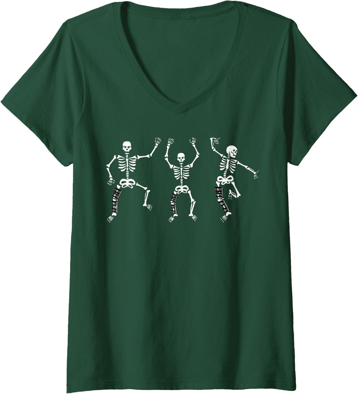Women's Knee Surgery Brace Skeletons Dancing ACL Surgery V-Neck T-Shirt - Dark Green
