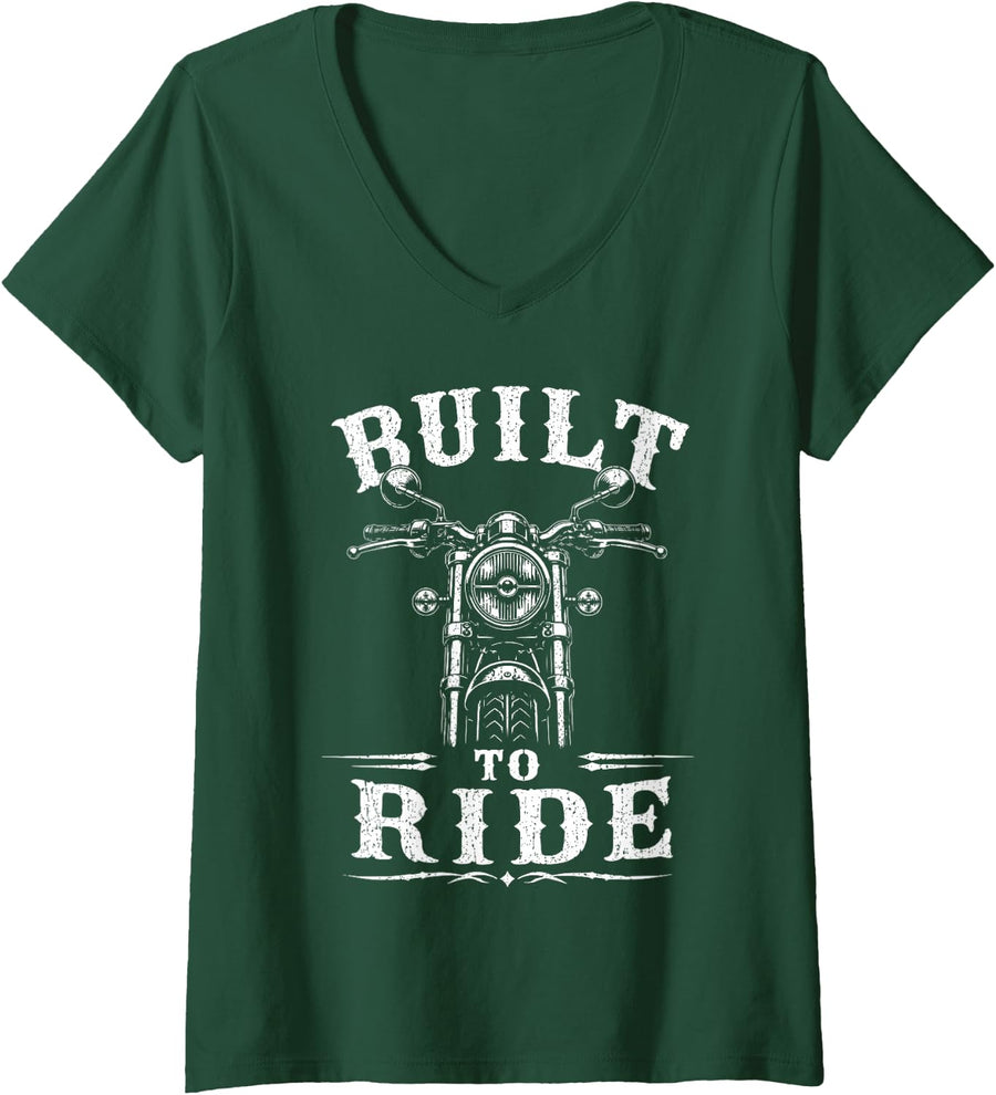 Women's Motorcycle Built to Ride Biker V-Neck T-Shirt - Dark Green