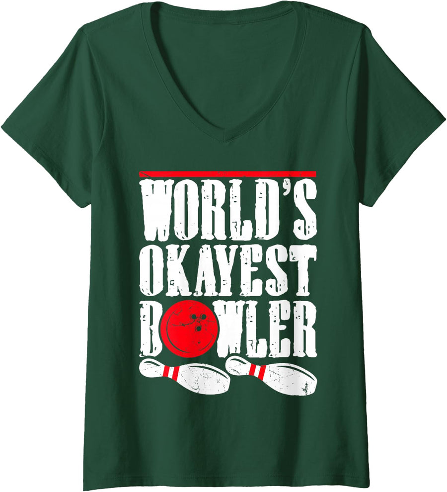 Women's World´s Okayest Bowler Bowler Saying Funny Bowling V-Neck T-Shirt - Dark Green