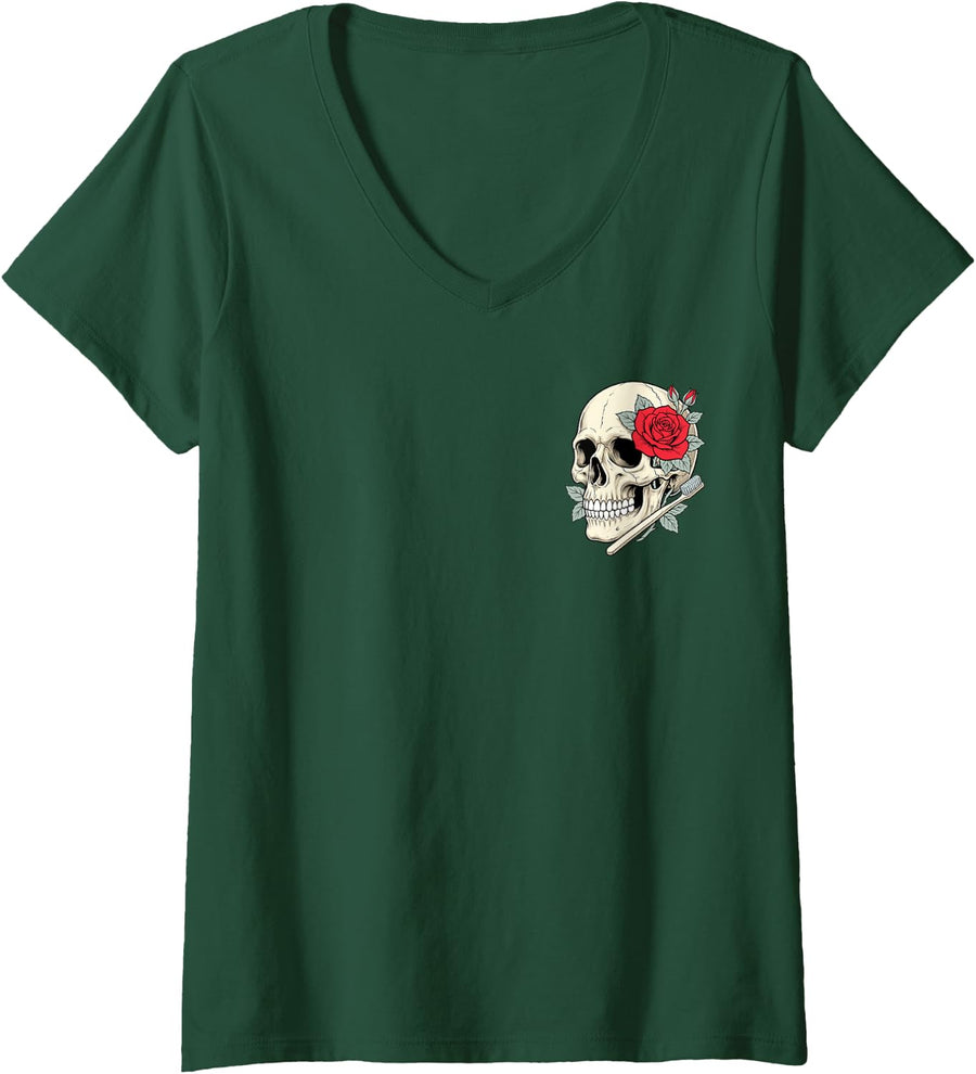 Women's Skull Toothbrush Rose Funny Dentist Humor Dental Pocket V-Neck T-Shirt - Dark Green