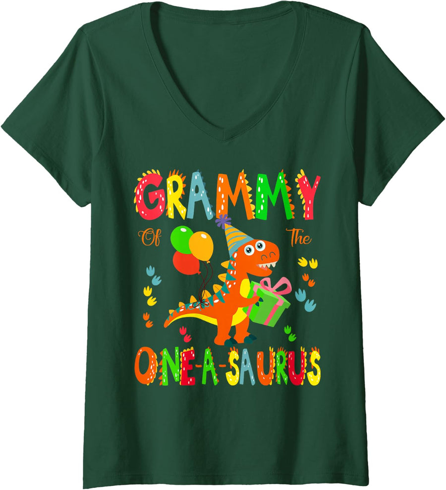 Women's Grammy of The One-A-Saurus 1St Birthday Dinosaur Party V-Neck T-Shirt - Dark Green