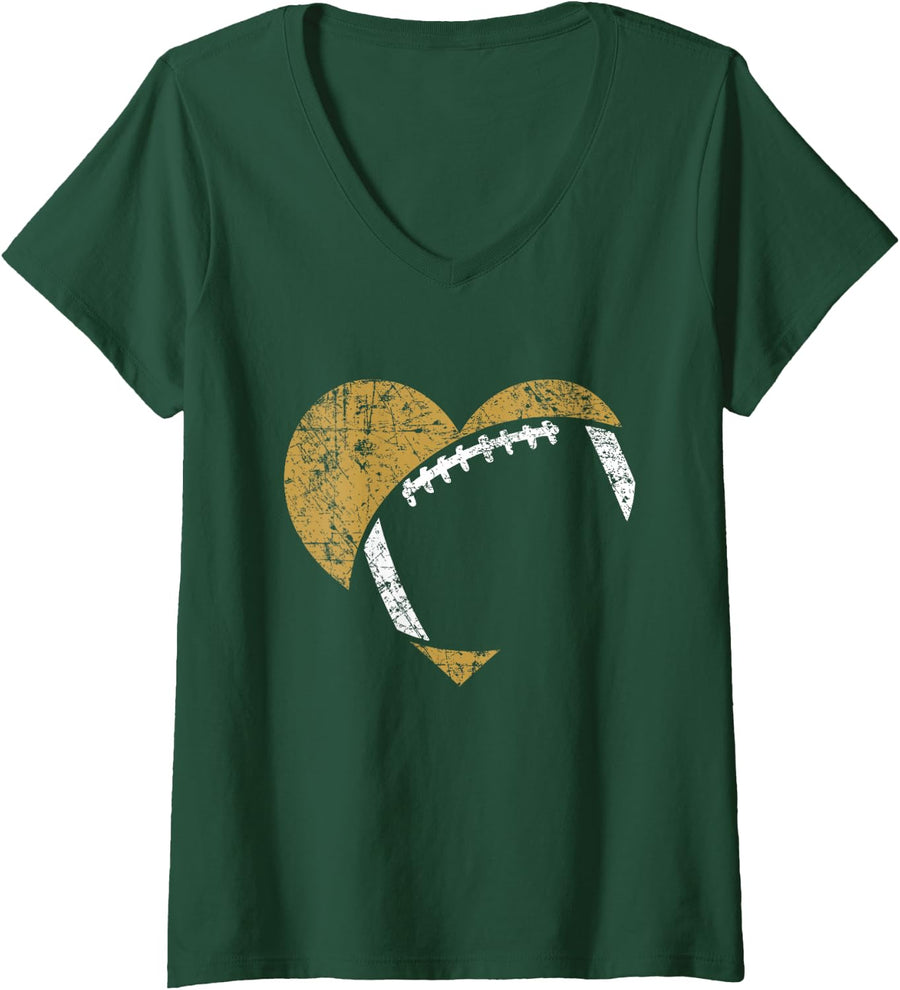 Womens Football Heart Cutout Gold White Team Game Gift V-Neck T-Shirt - Dark Green