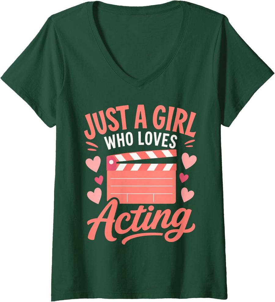 Women's Just a Girl Who Loves Acting Movie Clapperboard Drama V-Neck T-Shirt - Dark Green