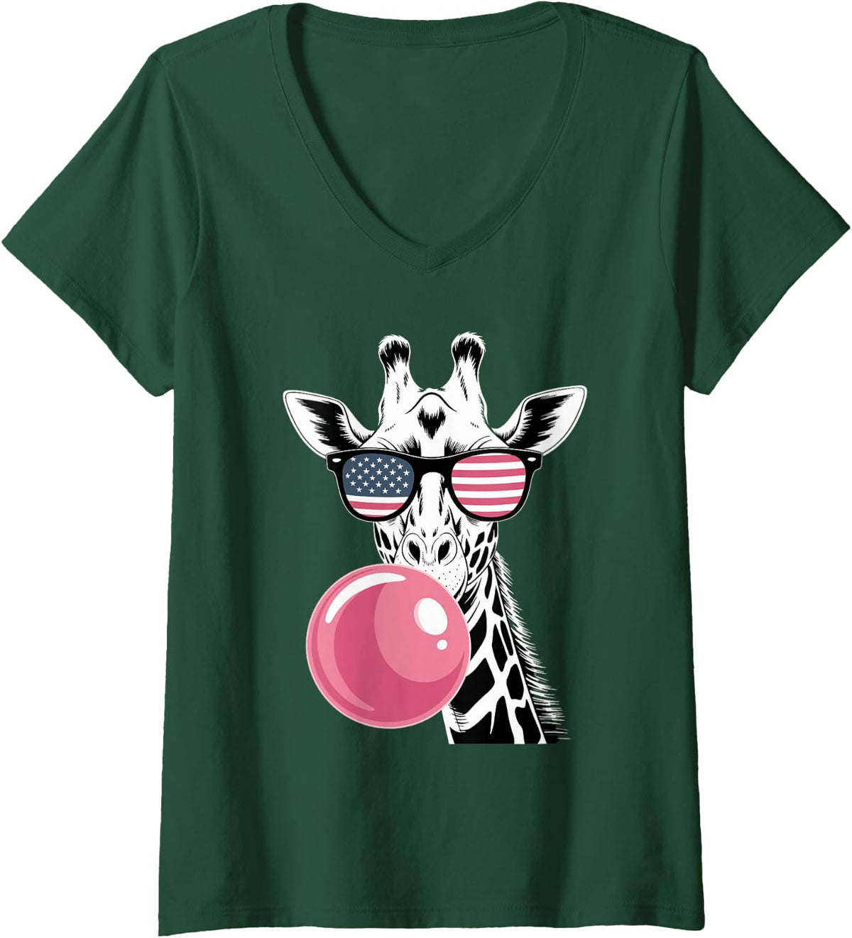 Women's Giraffe 4th of July America Flag Patriotic USA Flag V-Neck T-Shirt - Dark Green