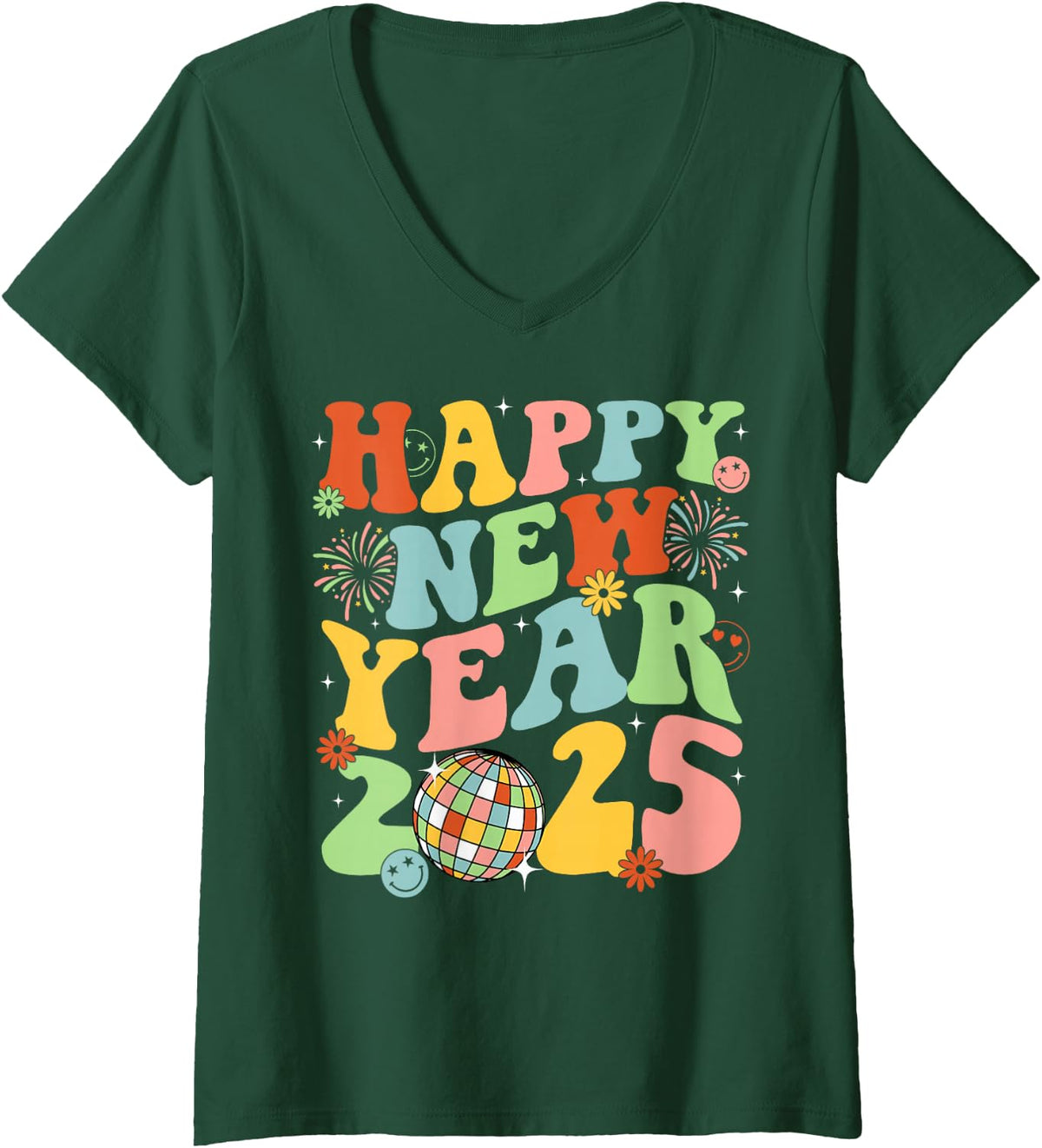 Women's Happy New Year Party 2025 Groovy Family Matching Men Women V-Neck T-Shirt - Dark Green