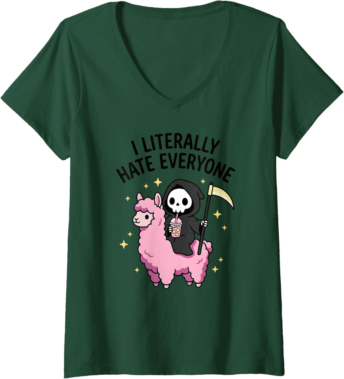 Women's I Literally Hate Everyone Grim Reaper Riding Pink Llama V-Neck T-Shirt - Dark Green