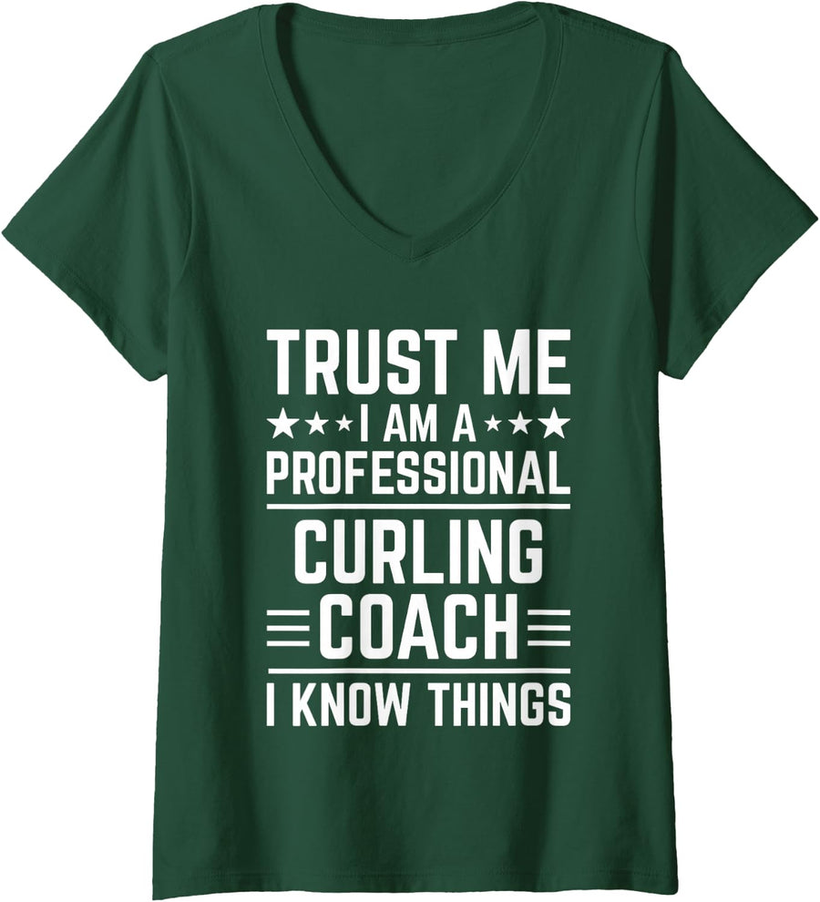 Women's Professional Curling Coach Funny Curling Coach Humor V-Neck T-Shirt - Dark Green