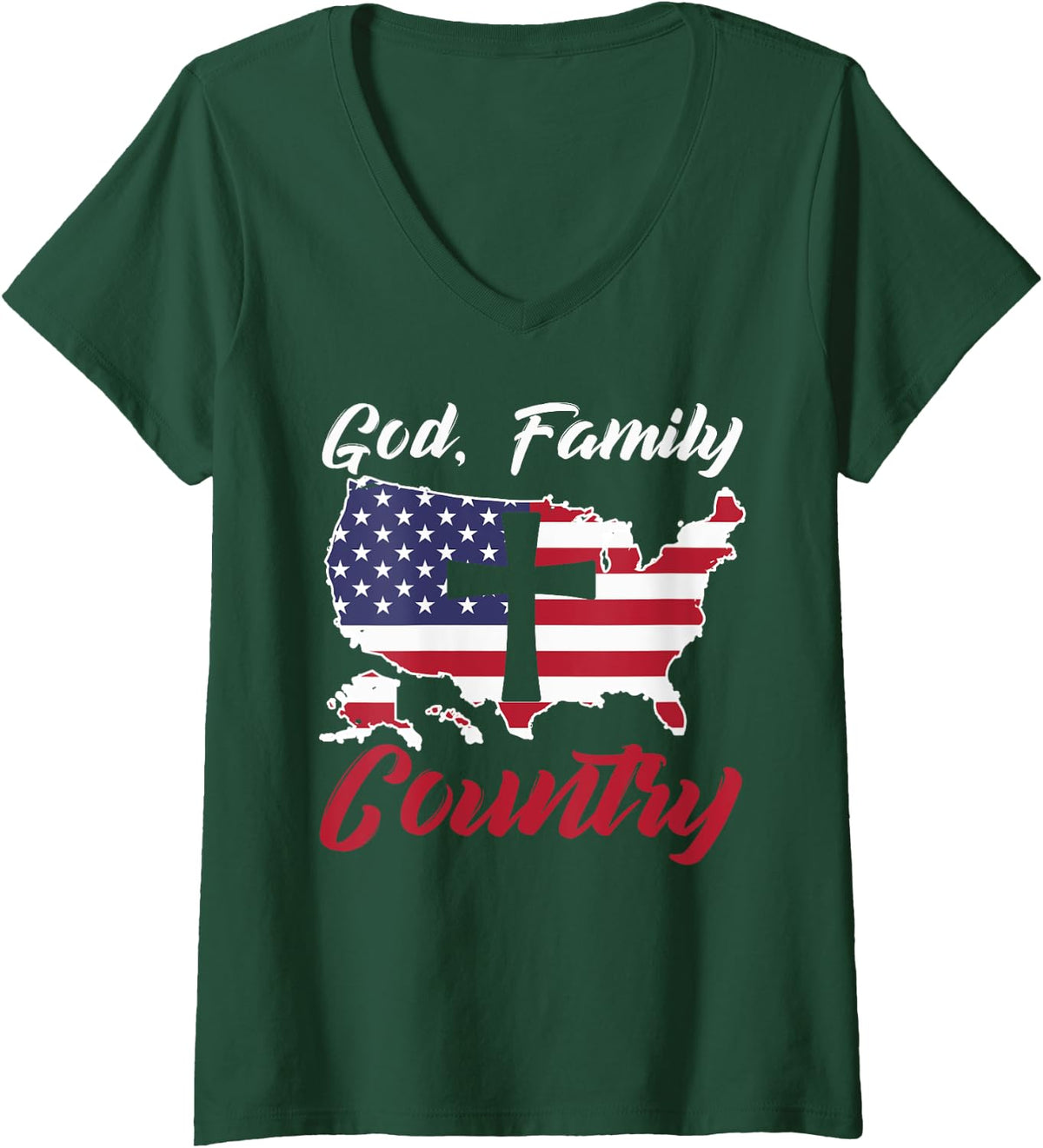Womens God Family Country V-Neck T-Shirt - Dark Green