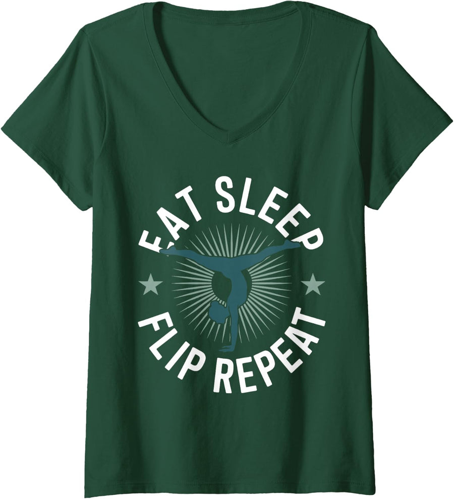 Women's Eat Sleep Flip Repeat Gymnast Gymnastics V-Neck T-Shirt - Dark Green
