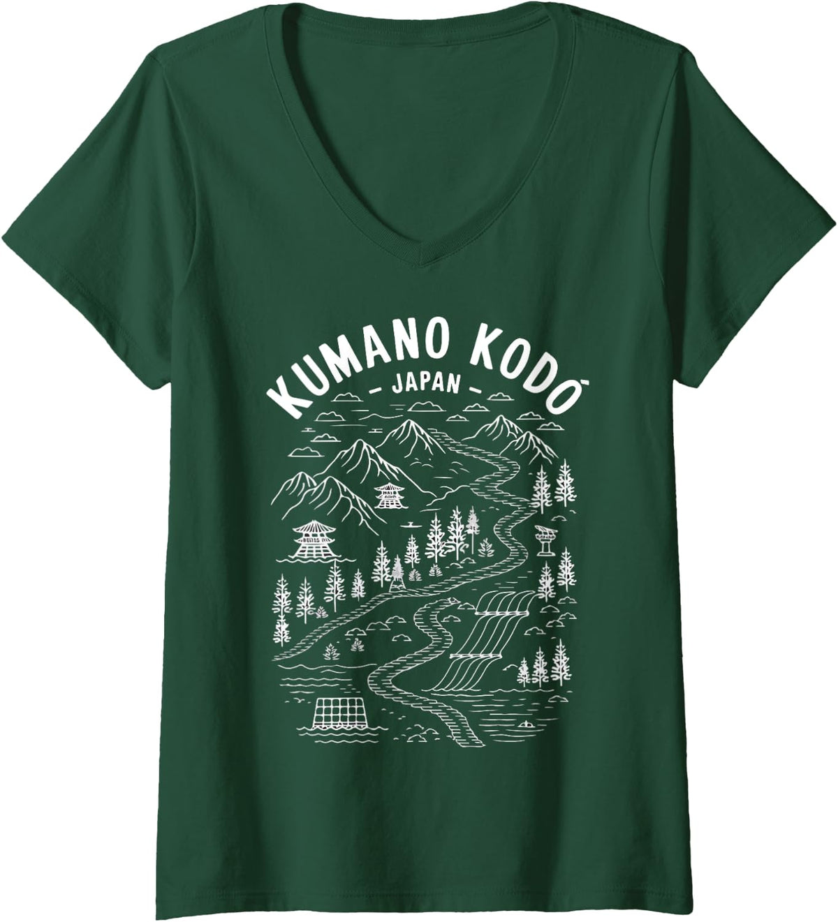 Womens Kumano Kodo Japan Vintage V-Neck T-Shirt - Dark Green
