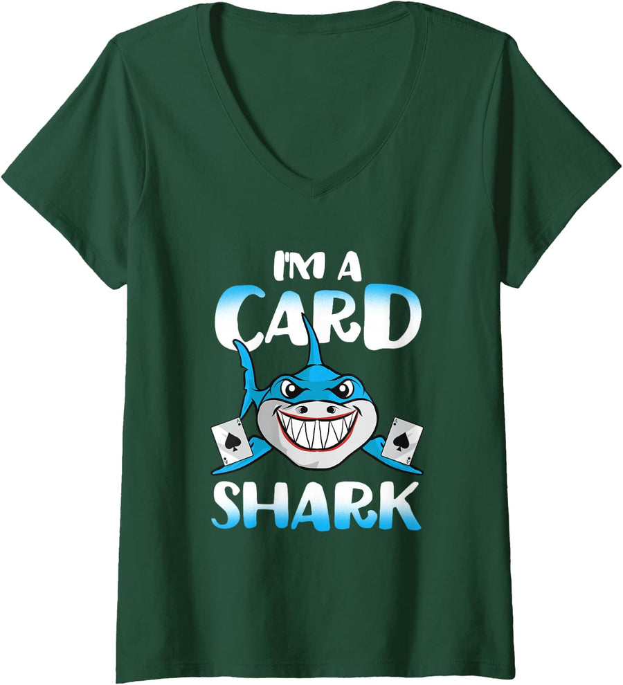 Women's Grinning Shark Poker Cards Casino Gambler Funny V-Neck T-Shirt - Dark Green