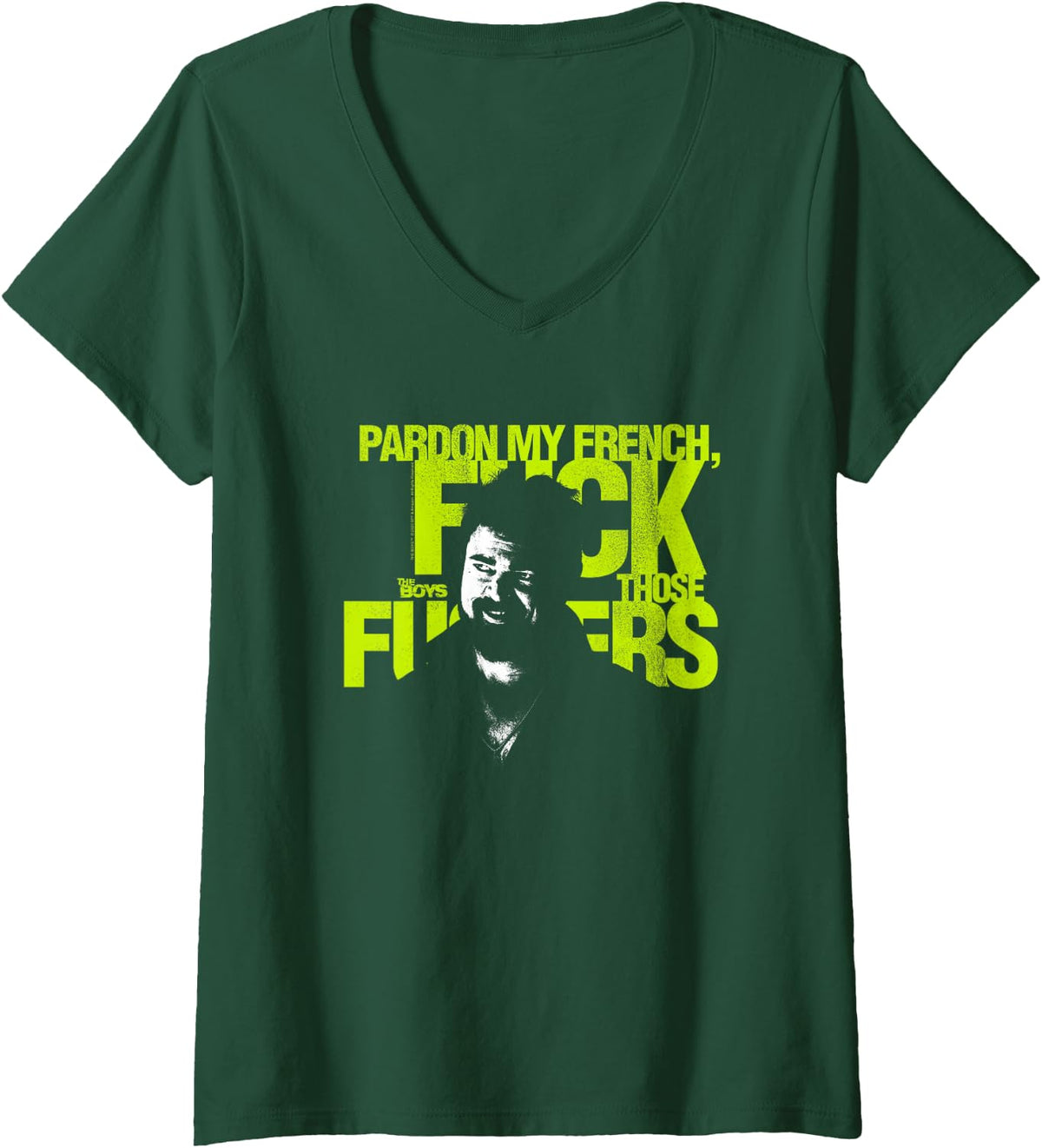 Women's The Boys Pardon My French Superhero TV Show V-Neck T-Shirt - Dark Green