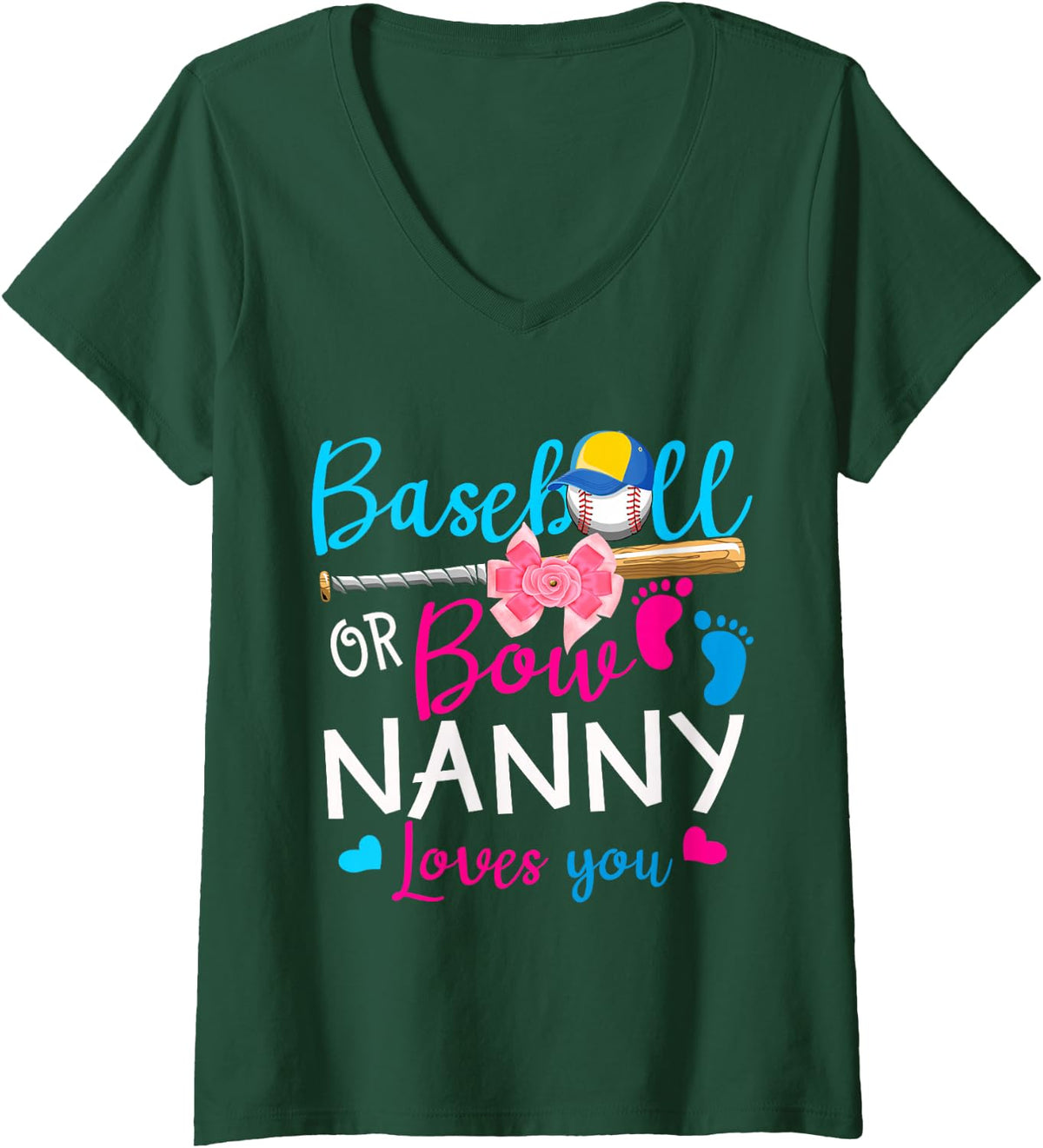 Women's Baseball Or Bow Nanny Loves You Pink Blue Baby Gender V-Neck T-Shirt - Dark Green