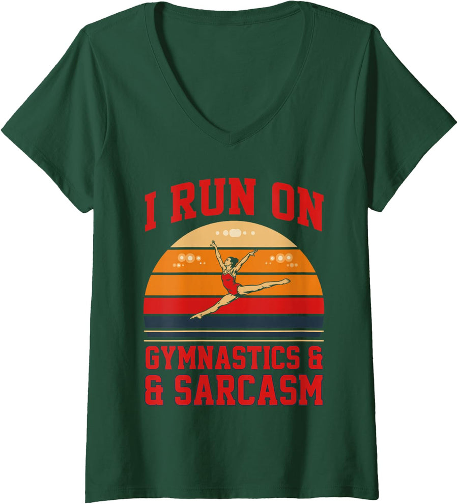 Women's I Run On Gymnastics and Sarcasm V-Neck T-Shirt - Dark Green