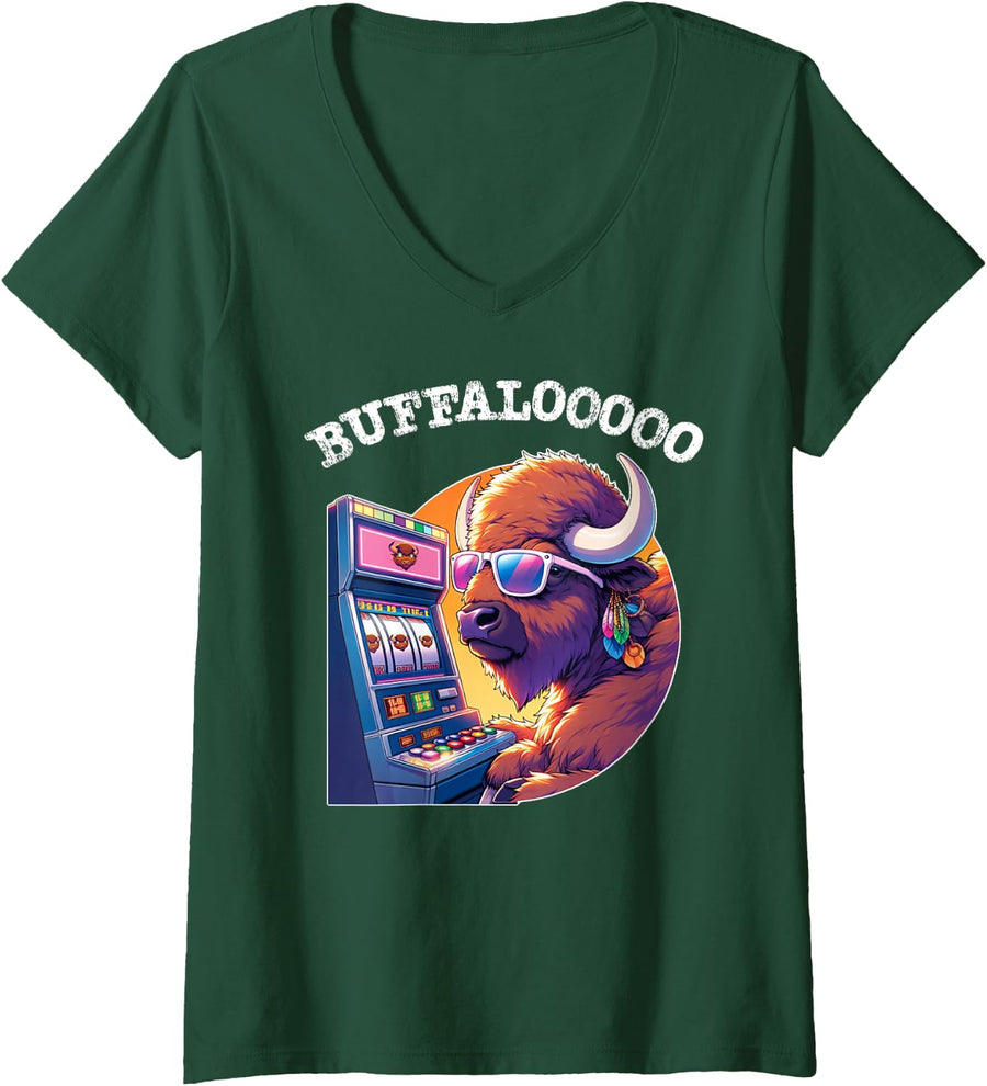 Womens Lucky Buffalo Casino Slot Machine BUFFALOOOOO Gambling V-Neck T-Shirt - Dark Green