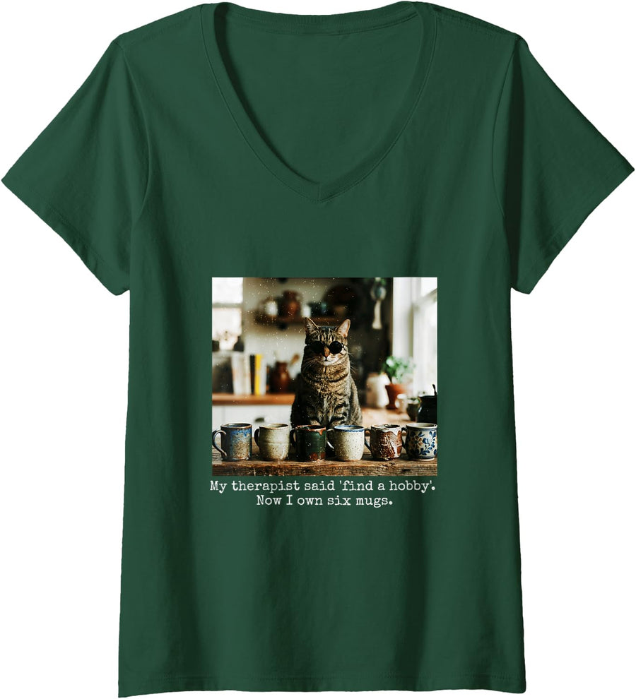 Women's Funny Pottery Vintage Cat Photo My Therapist Told Find Hobby V-Neck T-Shirt - Dark Green