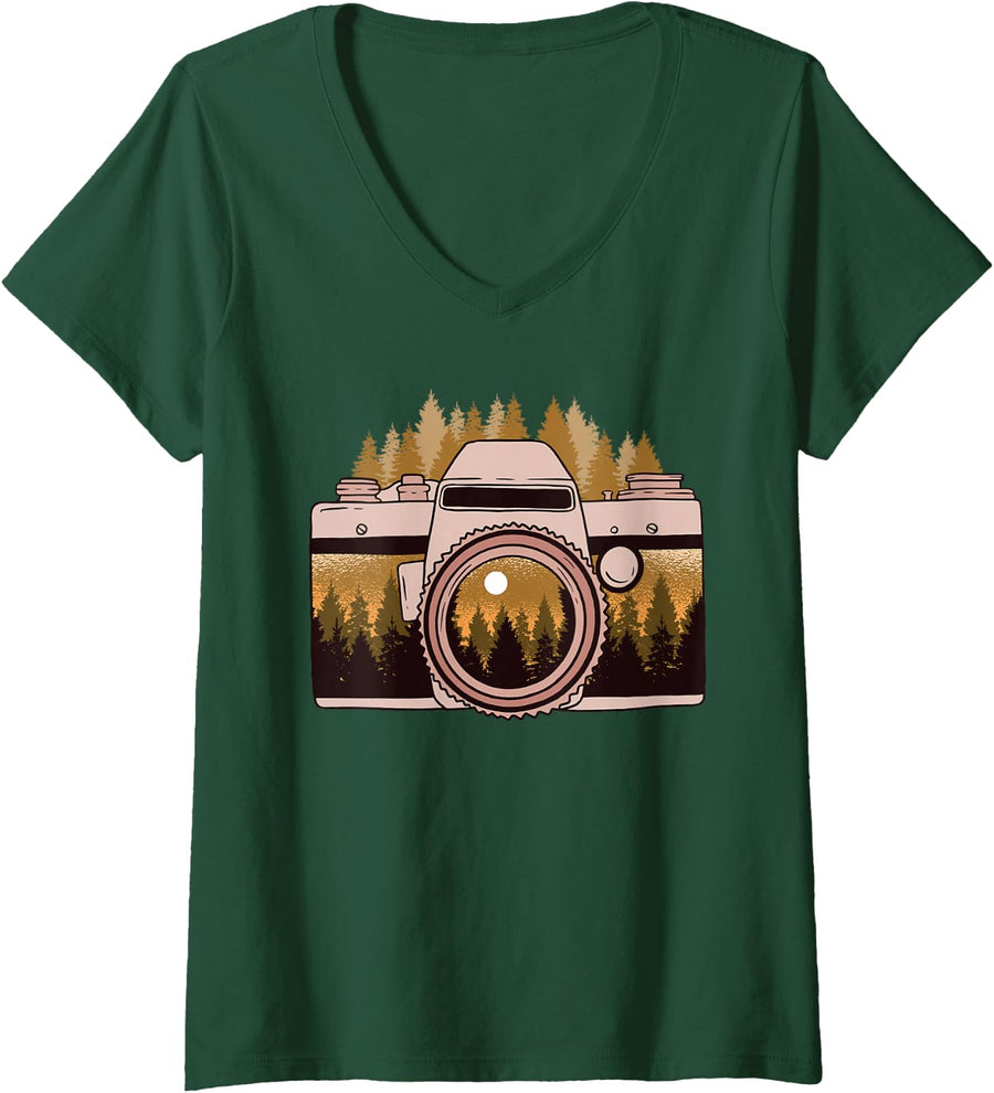 Womens Camera Nature Photography Forest Photographer Gift V-Neck T-Shirt - Dark Green