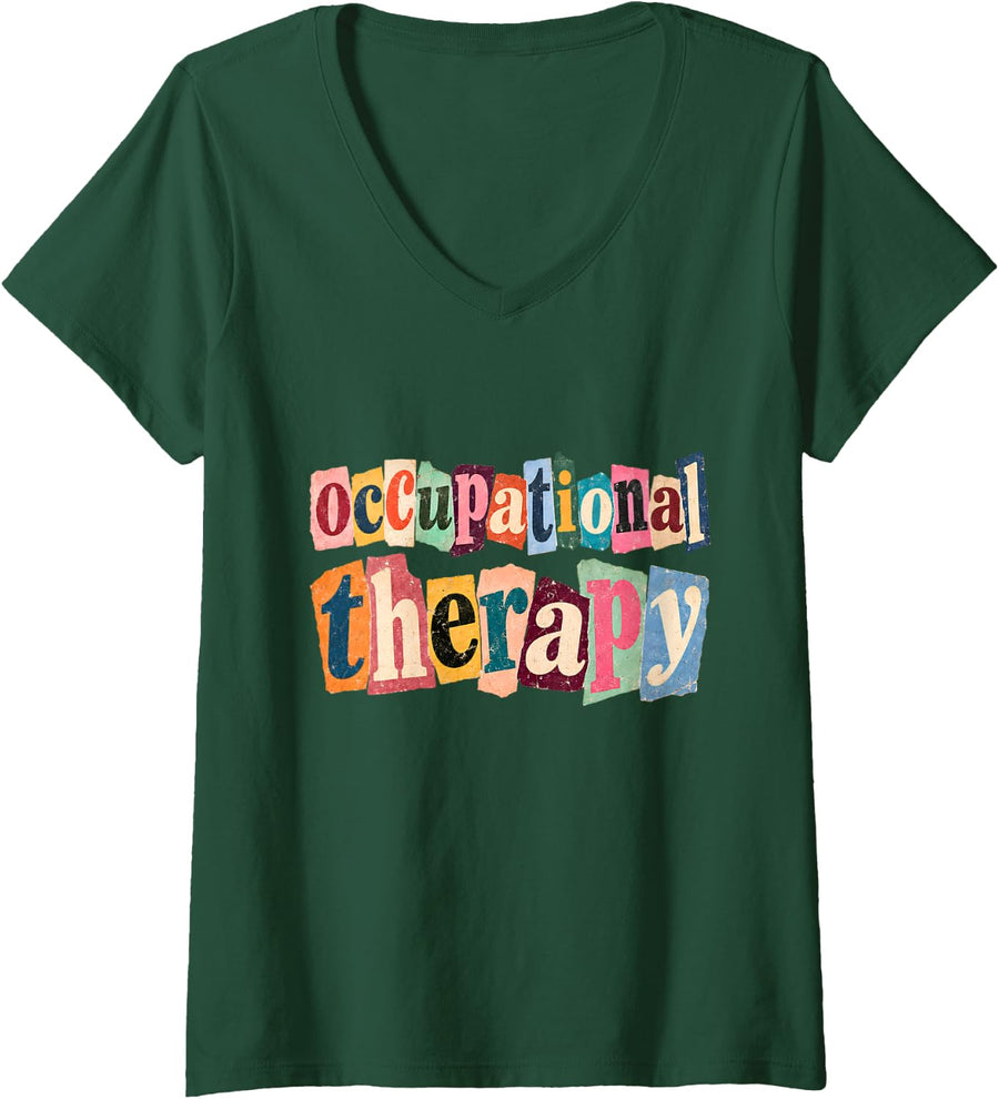 Women's Occupational Therapy Retro Ransom Note OT Therapist V-Neck T-Shirt - Dark Green