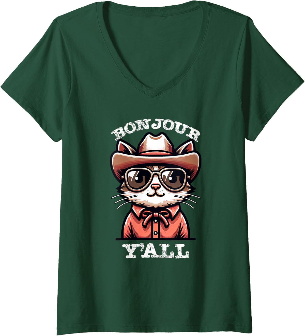 Women's Bonjour Y'all! Texas French Mix Cat Cowboy Funny V-Neck T-Shirt - Dark Green