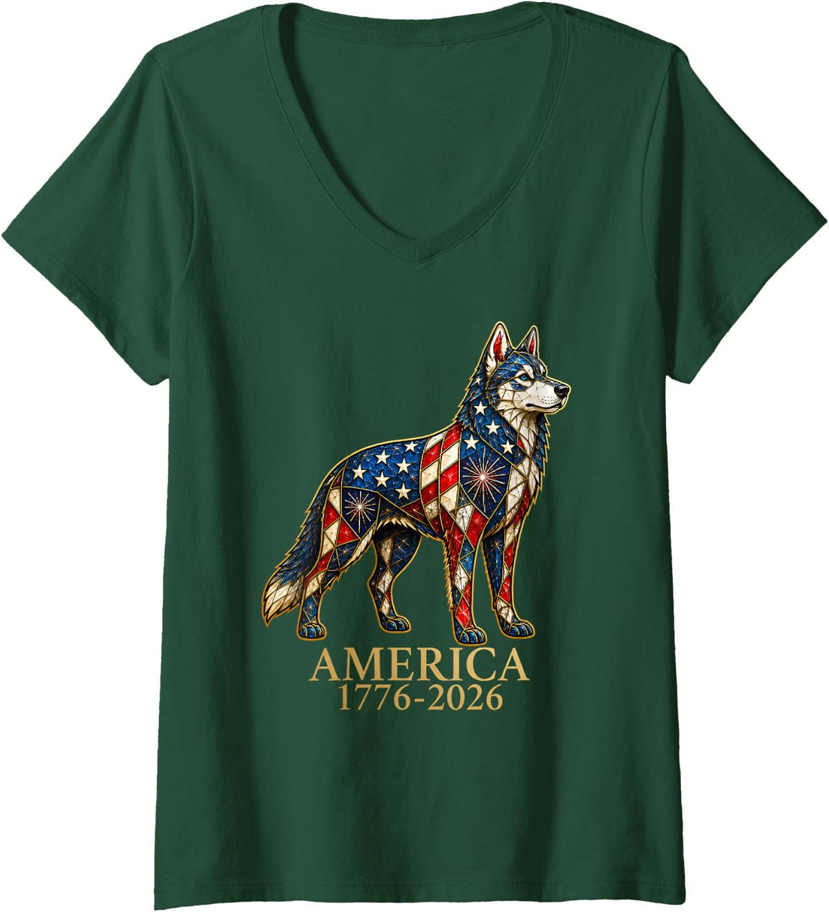 Women's Siberian Husky Dog Mosaic America 1776-2026 4th of July V-Neck T-Shirt - Dark Green