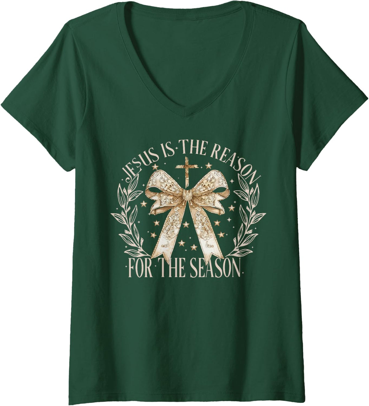 Women's Jesus is The Reason for The Season Christmas Coquette Bow V-Neck T-Shirt - Dark Green