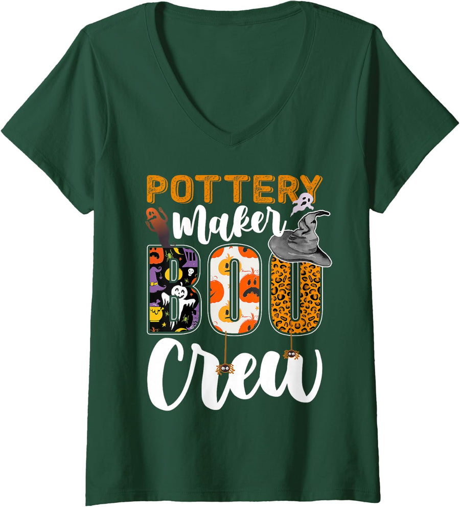 Women's Pottery Maker Boo Crew Halloween Costume Matching V-Neck T-Shirt - Dark Green