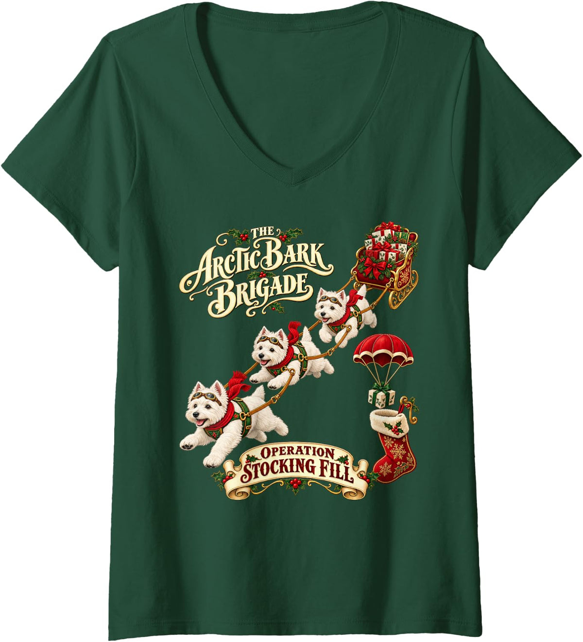 Women's West Highland White Terrier Dog Vintage Christmas V-Neck T-Shirt - Dark Green