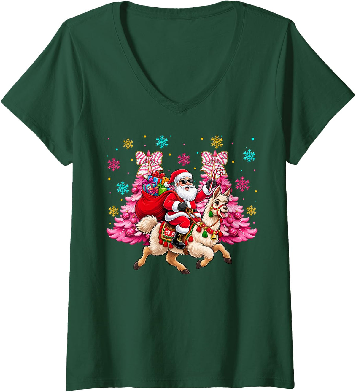 Women's Christmas Santa Riding Llama Lovers Kids Teens Girls Xmas V-Neck T-Shirt - Dark Green