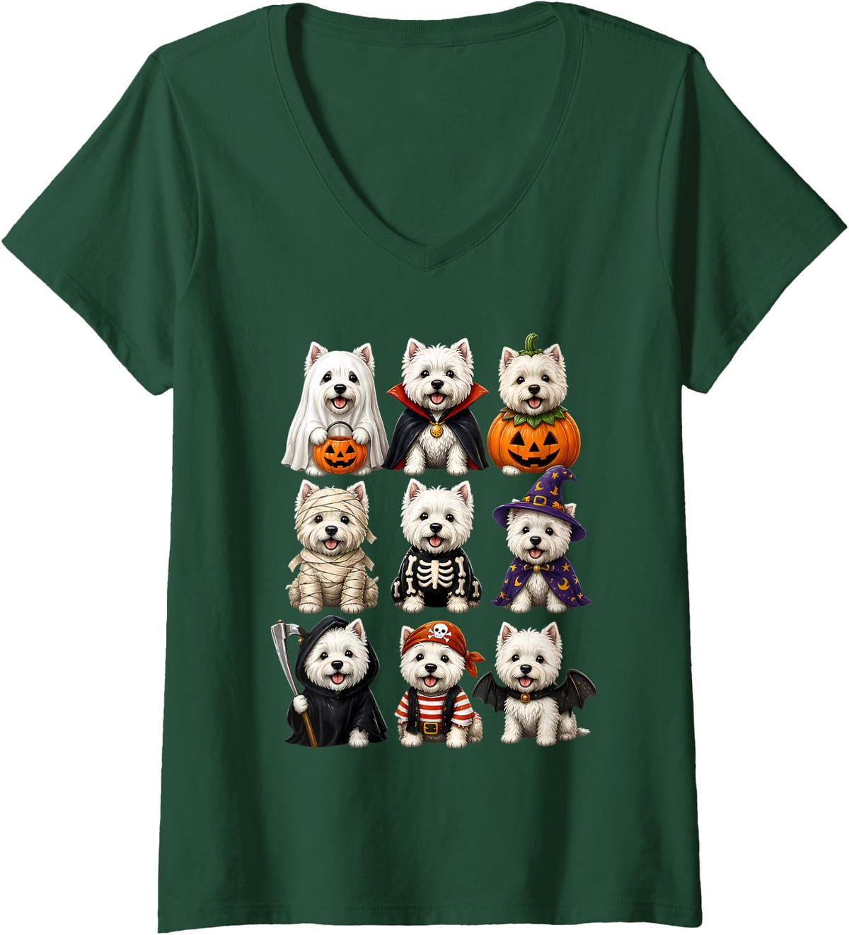 Women's West Highland White Terrier Halloween Westie Costume Dog V-Neck T-Shirt - Dark Green