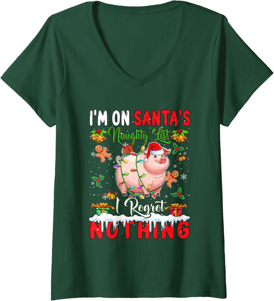 Women's On Santa's Xmas Naughty List Regret Nothing Santa Pig V-Neck T-Shirt - Dark Green