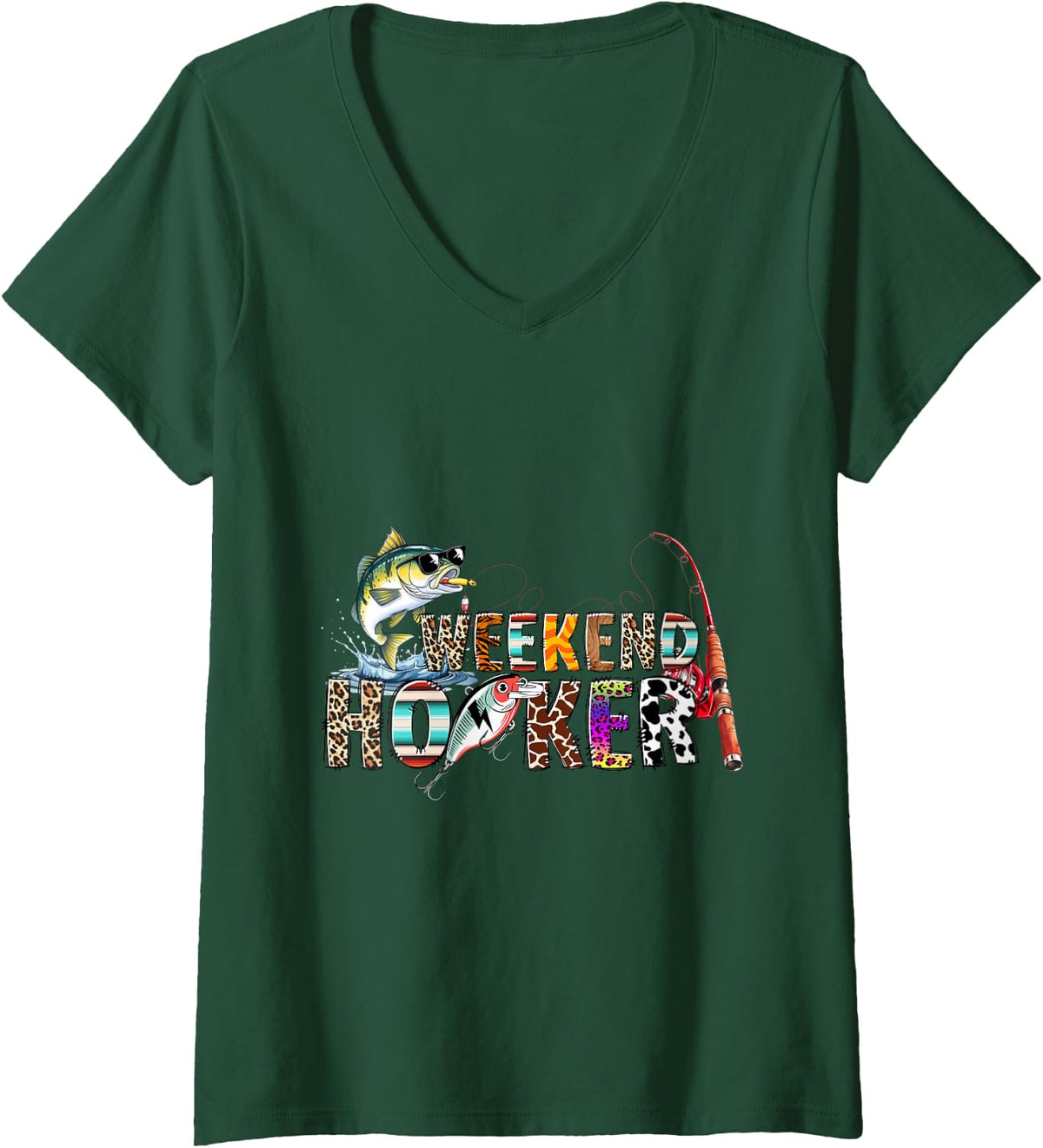 Women's Bass Fishing Angler Adventure Vintage Outdoor Weekend Hooker V-Neck T-Shirt - Dark Green