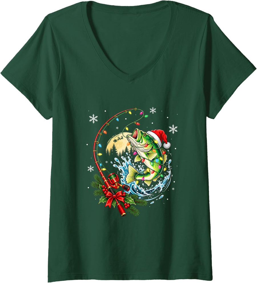Women's Christmas Bass Fishing Santa Fish Lights Fisherman Funny V-Neck T-Shirt - Dark Green