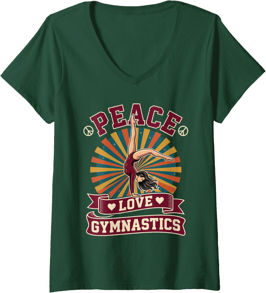 Women's Peace Love Gymnastics Funny Gymnast V-Neck T-Shirt - Dark Green