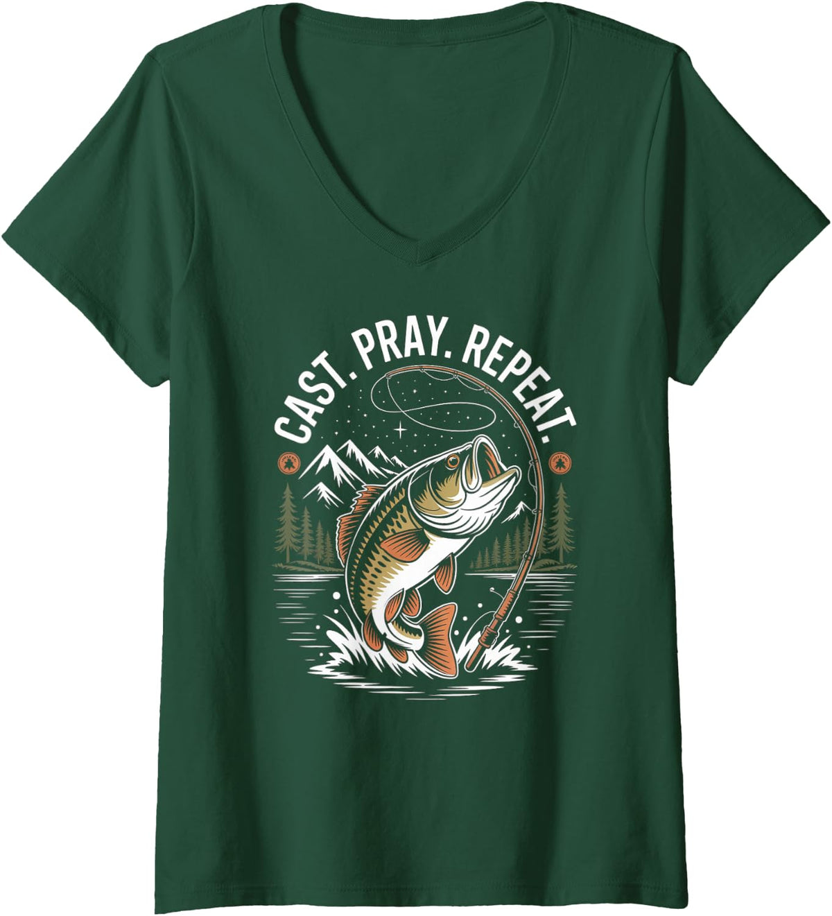 Women's Cast Pray Repeat Bass Fishing River Angler V-Neck T-Shirt - Dark Green