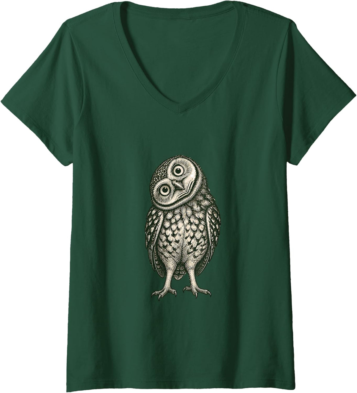 Women's Curious Owl Engraving Bird Nature Illustration V-Neck T-Shirt - Dark Green