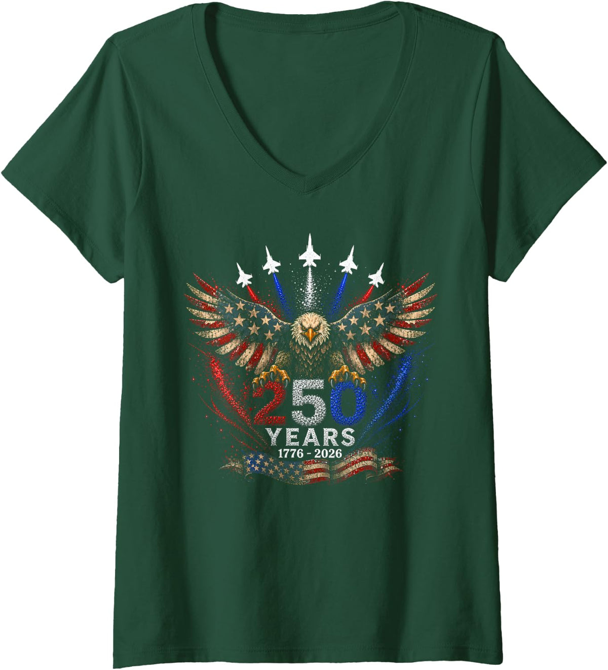 Women's 4th of July American Flag 250 Years of Freedom Eagle Jets V-Neck T-Shirt - Dark Green