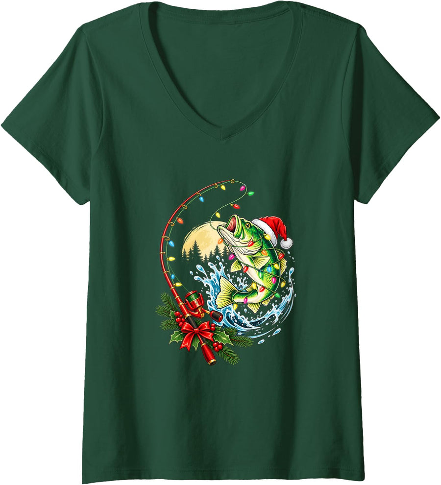 Women's Christmas Bass Fishing Santa Fish Lights Fisherman Xmas V-Neck T-Shirt - Dark Green