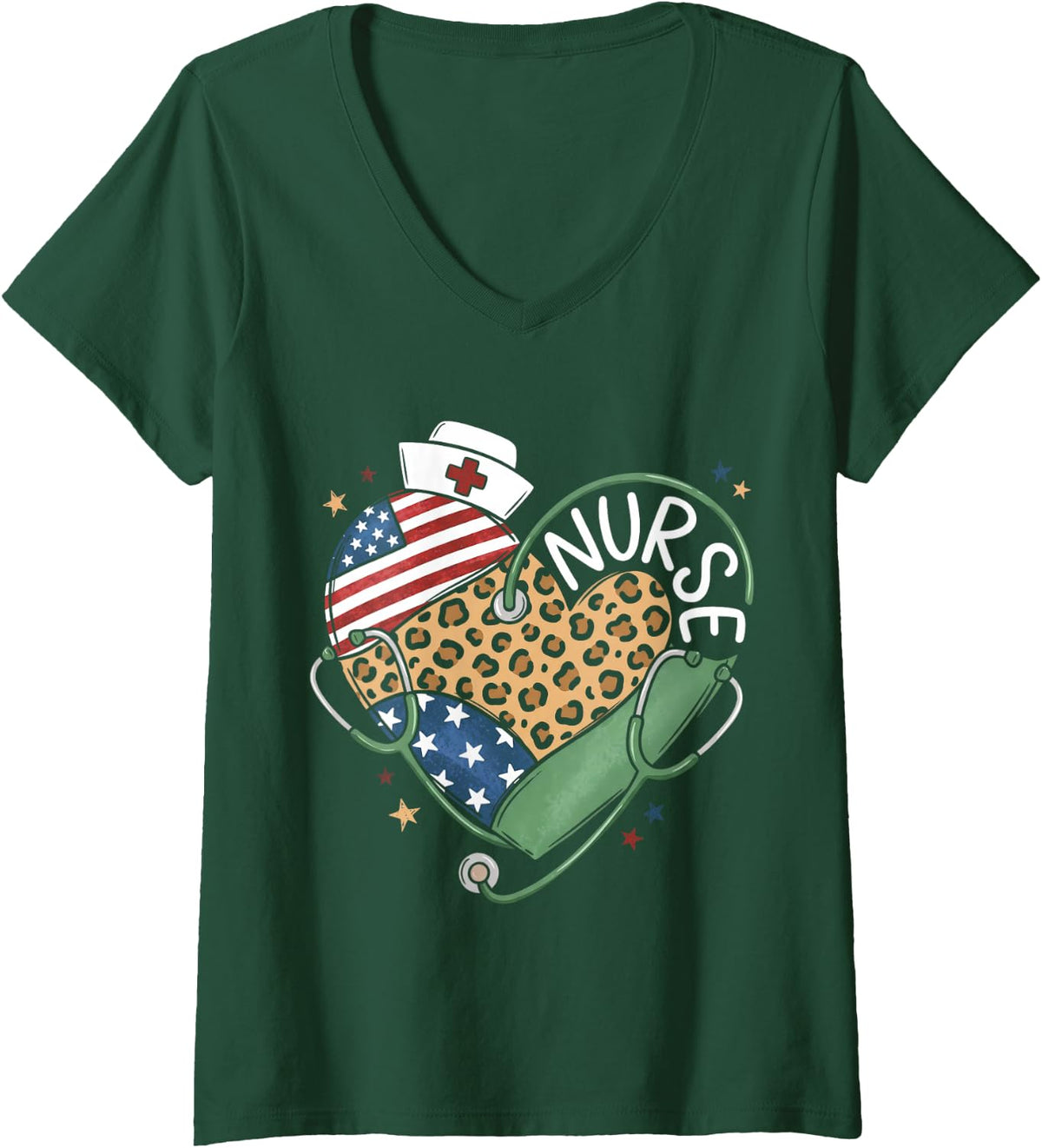 Women's Patriotic Nurse Leopard Heart American Flag Stethoscope V-Neck T-Shirt - Dark Green