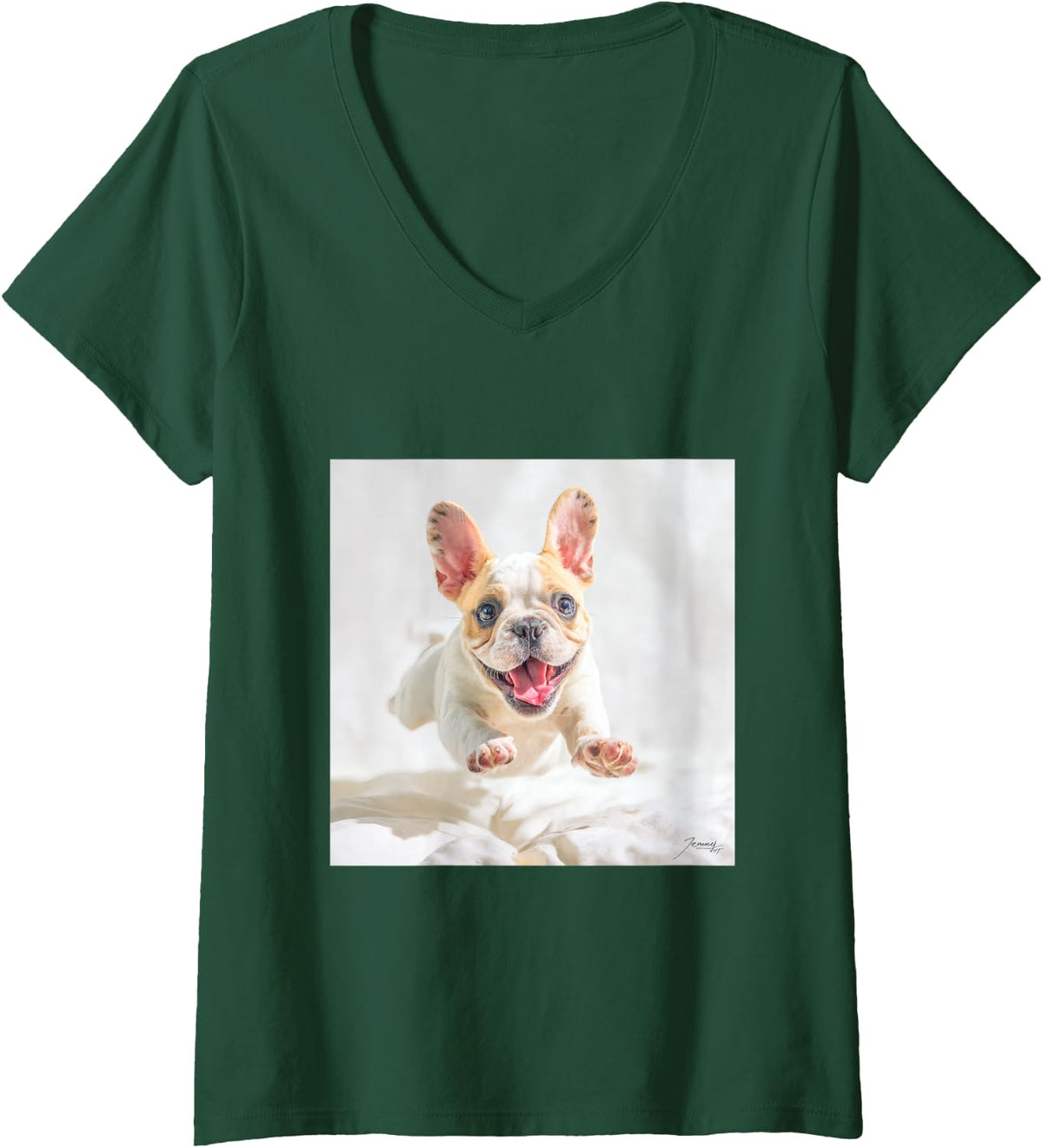 Women's Jumping French Cute Dog V-Neck T-Shirt - Dark Green